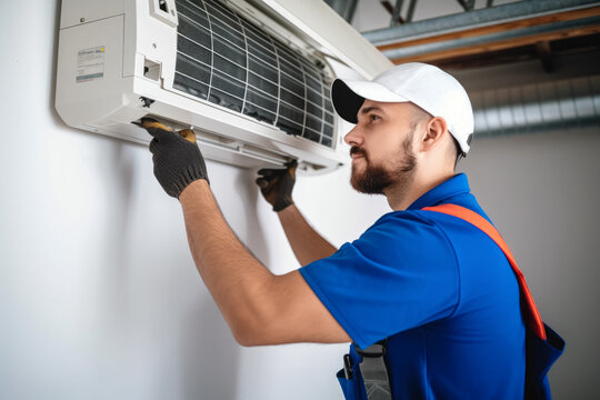 HVAC technician installing a mini split air conditioner in Brighton