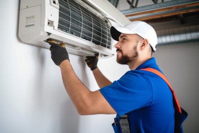 360_F_621046421_Vcay4nYa8ozdeodOQVDfES6MRrC6N3b8 Air conditioning technician servicing a wall-mounted AC unit in Brighton, CO